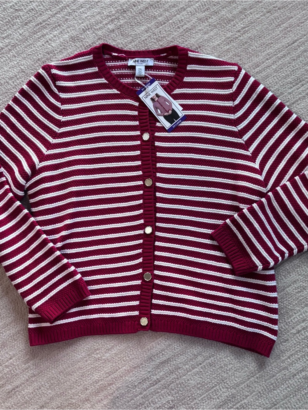 Nine West Red & White Striped Button-Front Cardigan